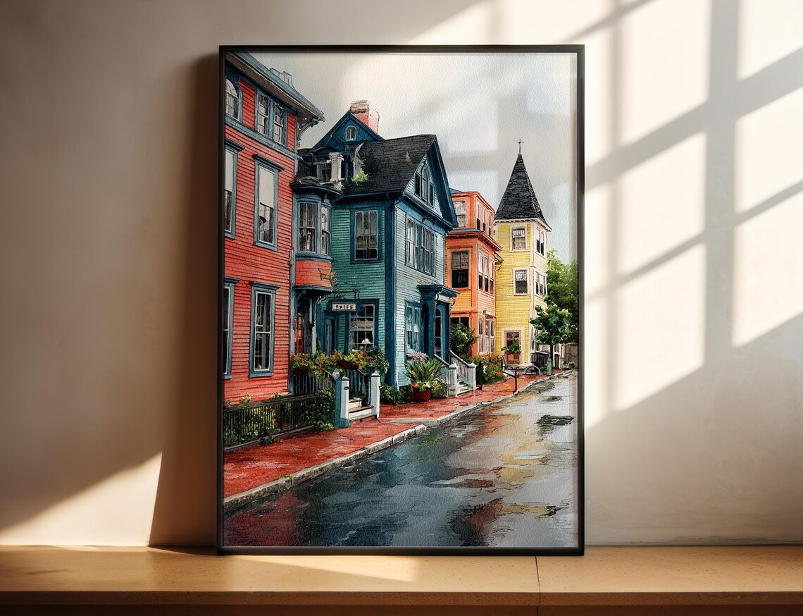 Newport Rhode Island Colorful Historic Row Houses Watercolor Poster