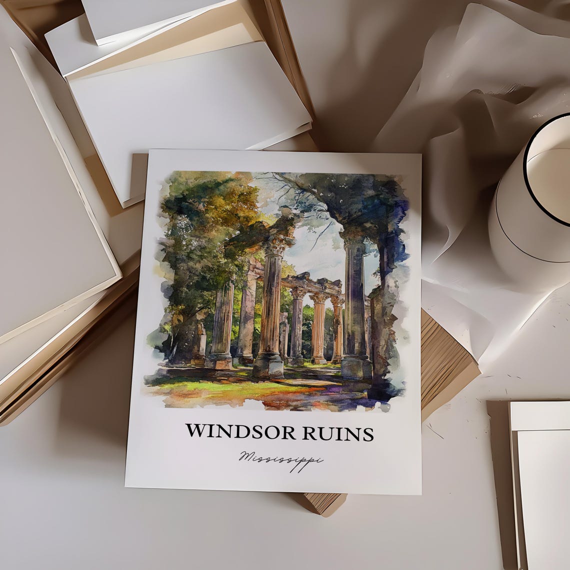 Windsor Ruins Mississippi Watercolor Ancient Columns Oak Trees Poster - Image 3