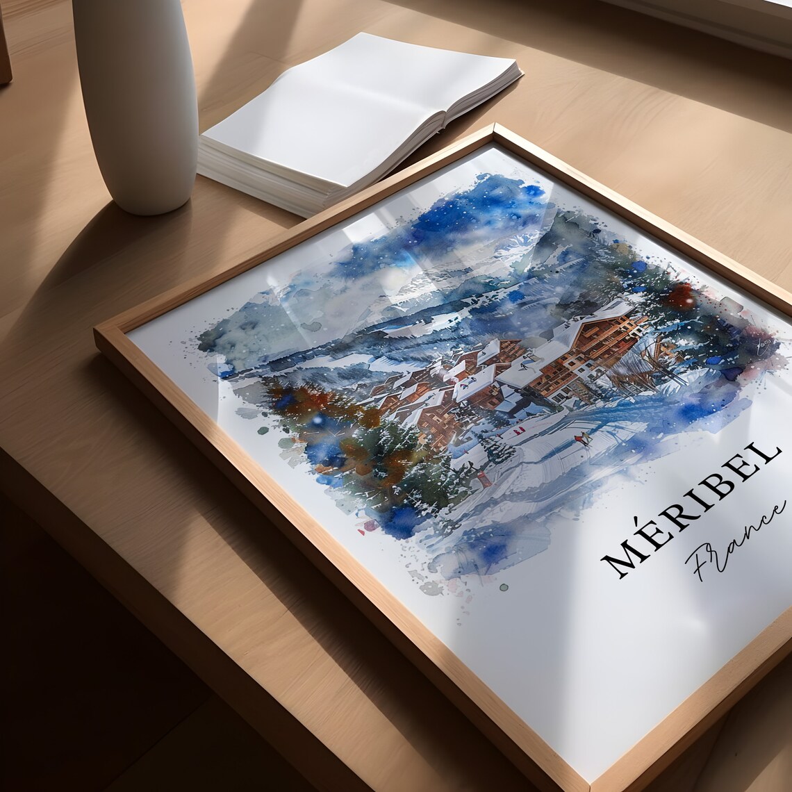 Meribel France Watercolor Ski Resort Village Snowy Slopes Poster - Image 5
