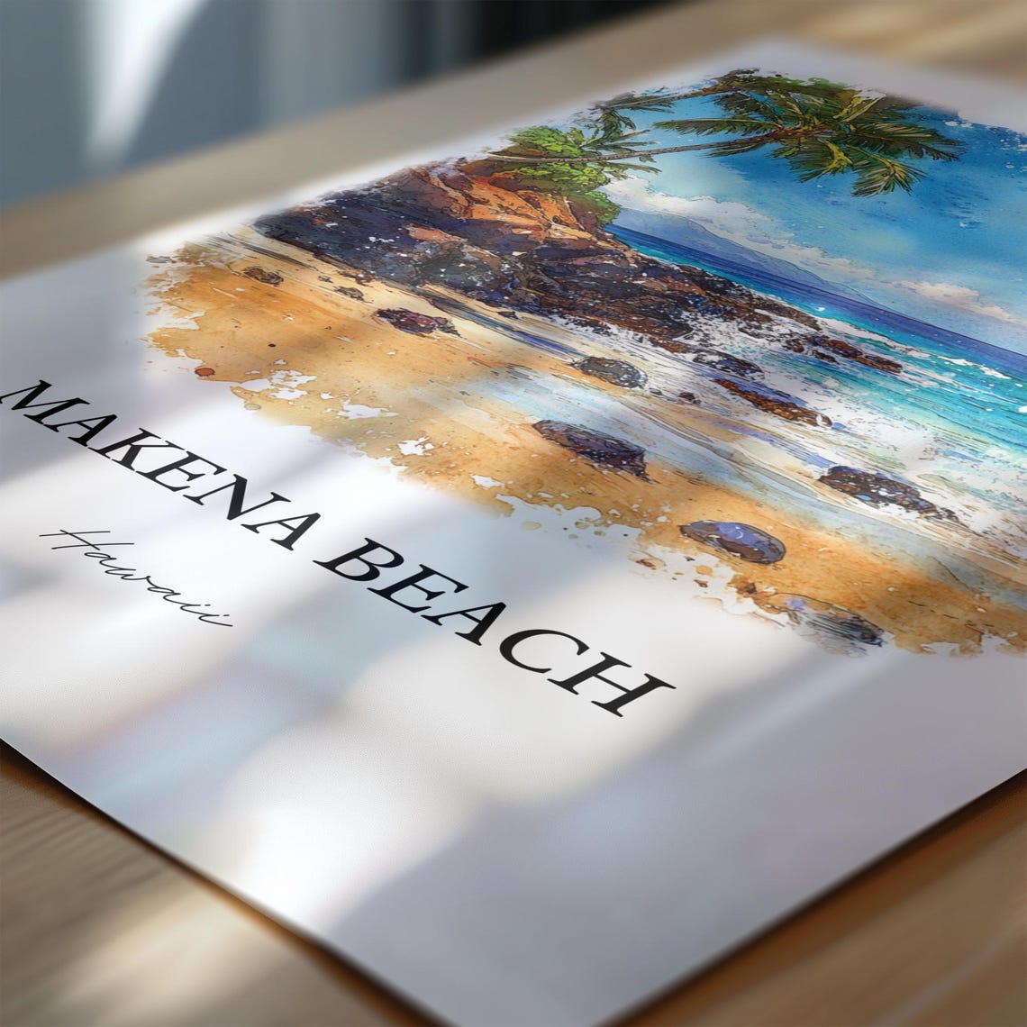 Makena Beach Hawaii Palms Lava Rocks Turquoise Waves Watercolor Poster - Image 4