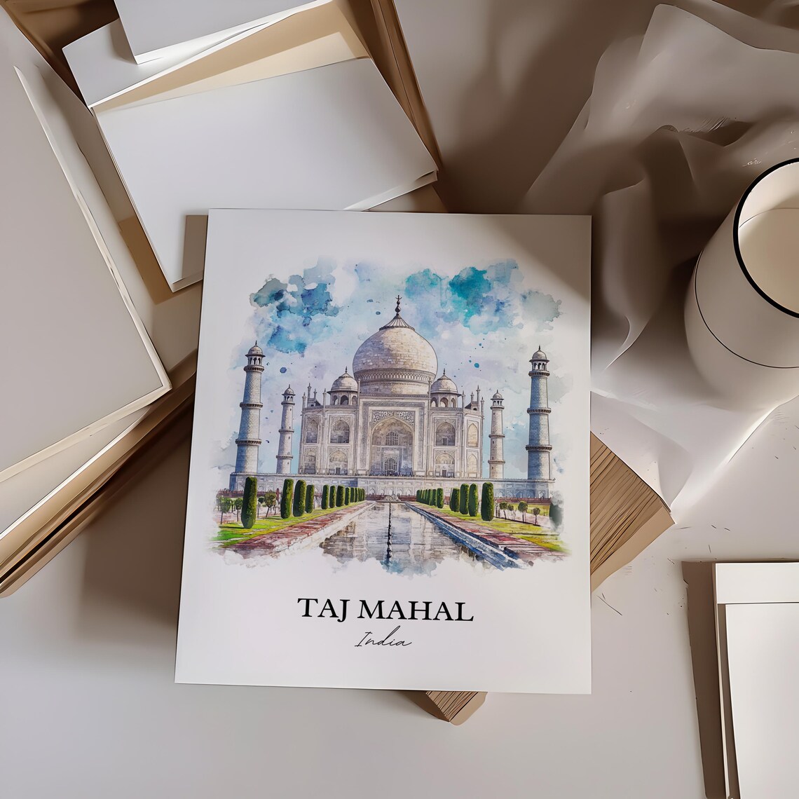 Taj Mahal India Watercolor Iconic Marble Mausoleum Art Poster - Image 3