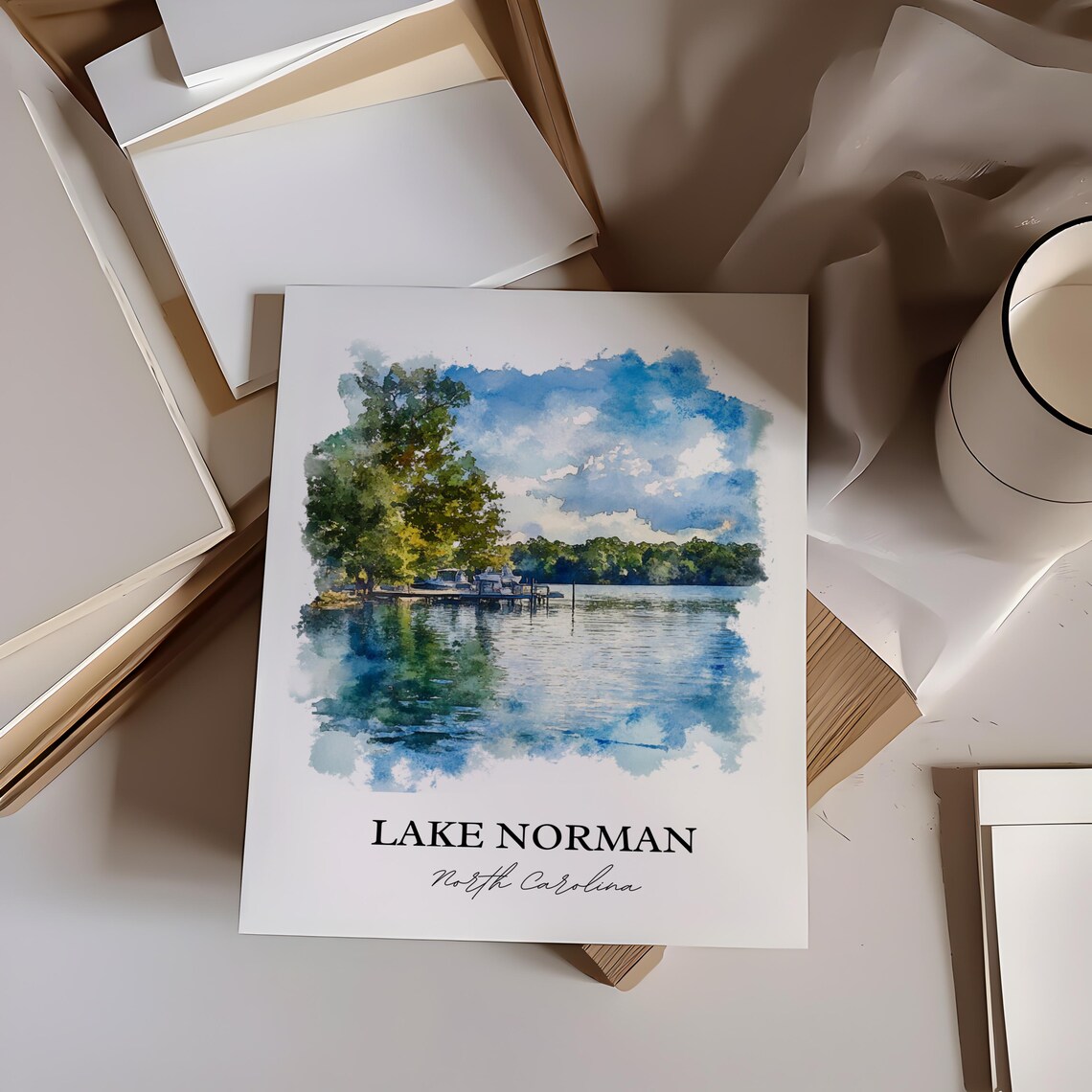 Lake Norman North Carolina Tree Framed Lake Docks Watercolor Poster - Image 2