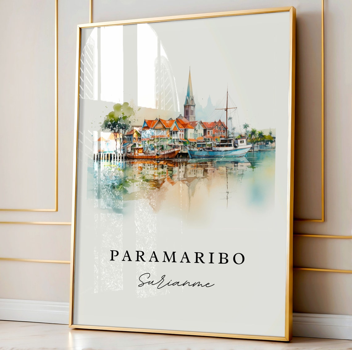 Paramaribo Suriname Harbor Watercolor Boat Reflection Travel Poster - Image 4