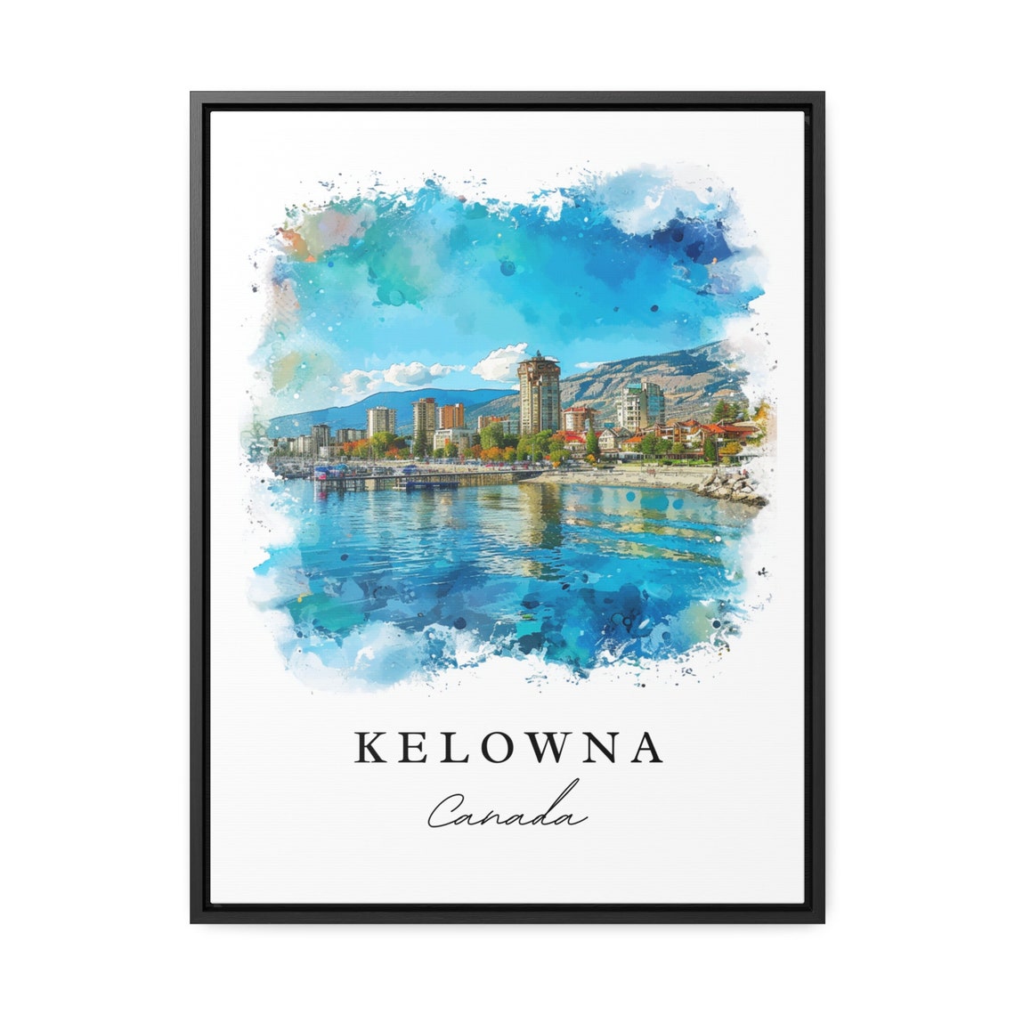 Kelowna Canada Watercolor Lakefront Skyline Mountains View Poster - Image 2