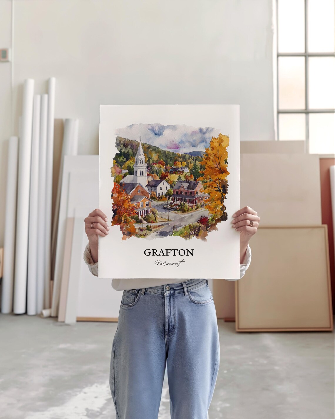 Grafton Vermont Village Church Autumn Foliage Watercolor Travel Poster - Image 4