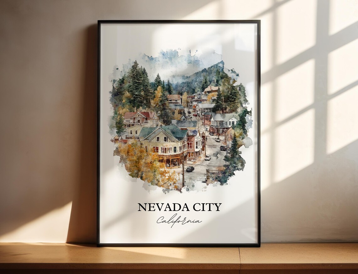 Nevada City California Historic Hillside Town Watercolor Gift Poster