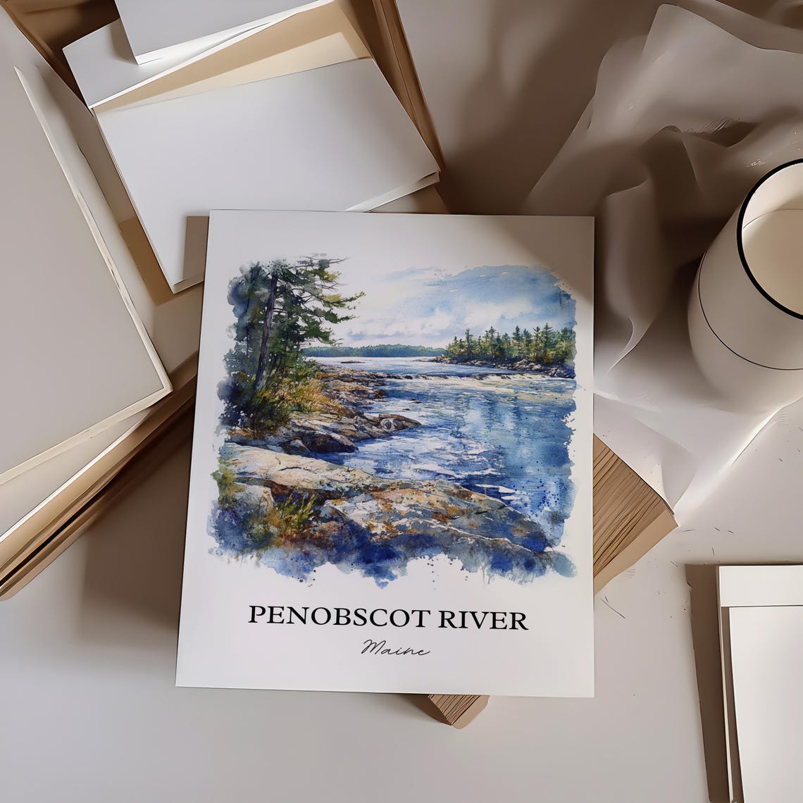 Penobscot River Maine Rocky Banks Pine Forest Watercolor Poster - Image 4