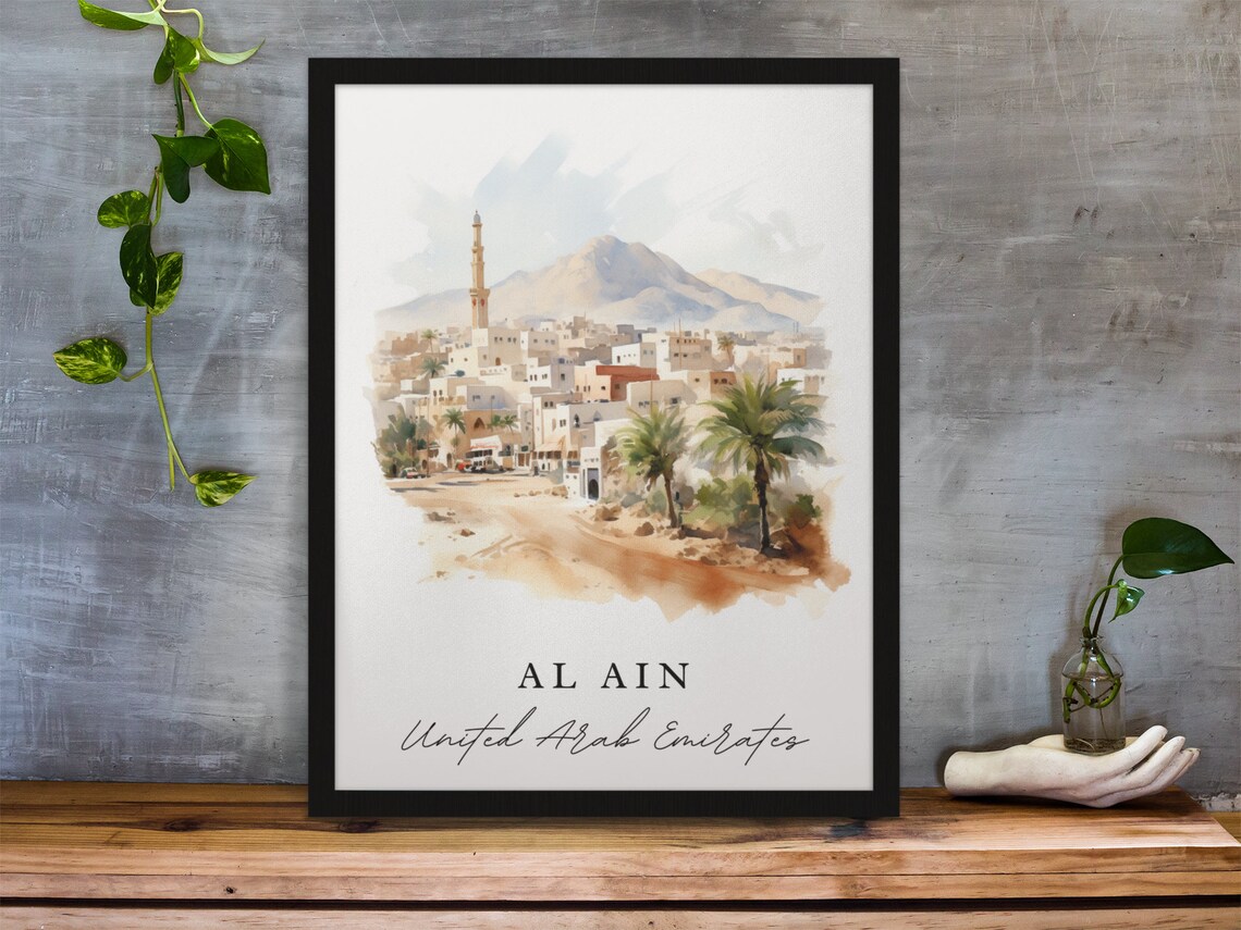 Al Ain UAE Watercolor Desert Town Minaret Mountain Travel Poster - Image 2