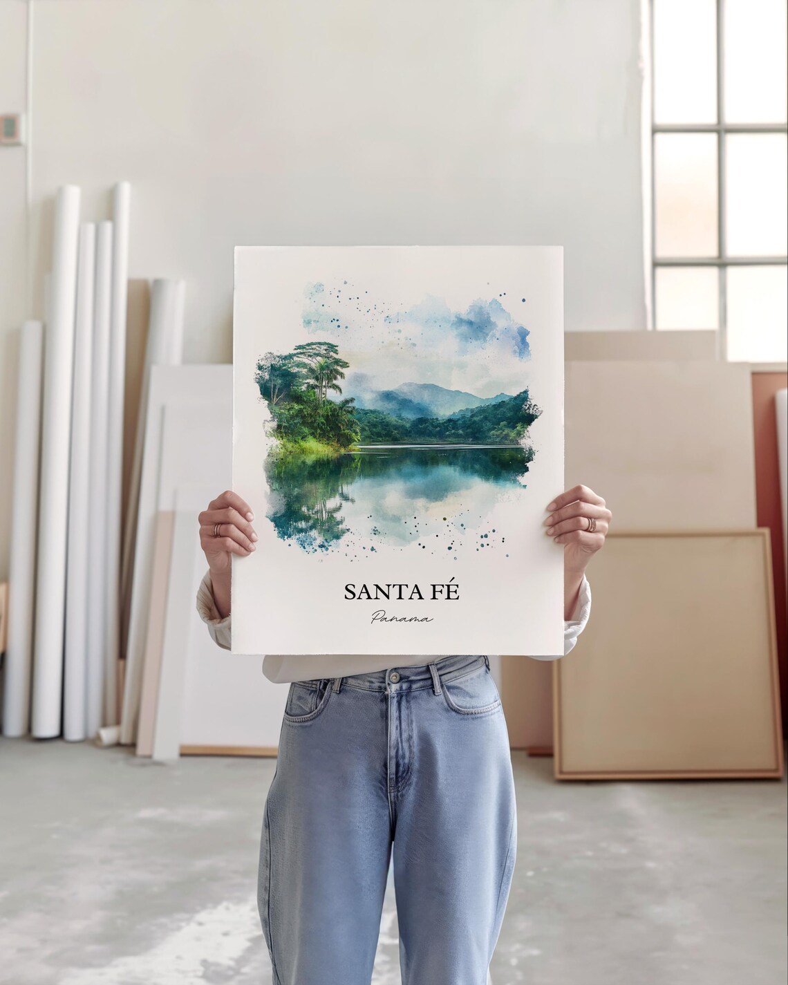 Santa Fe Panama Watercolor Mountain Lake Reflection Travel Poster - Image 4