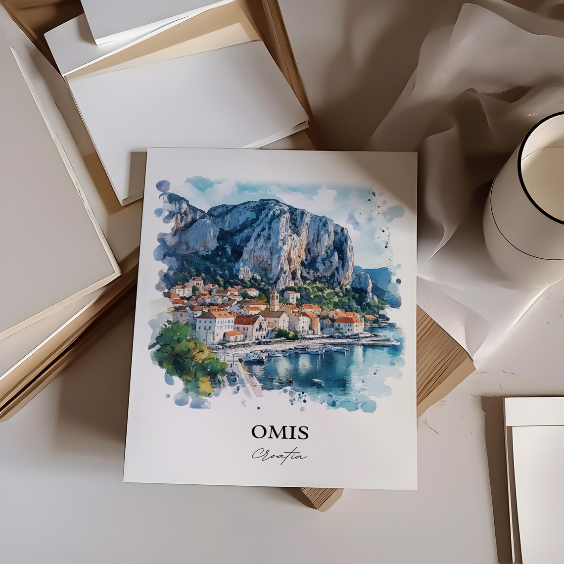 Omis Croatia Mountain Backed Coastal Harbor Watercolor Poster - Image 3