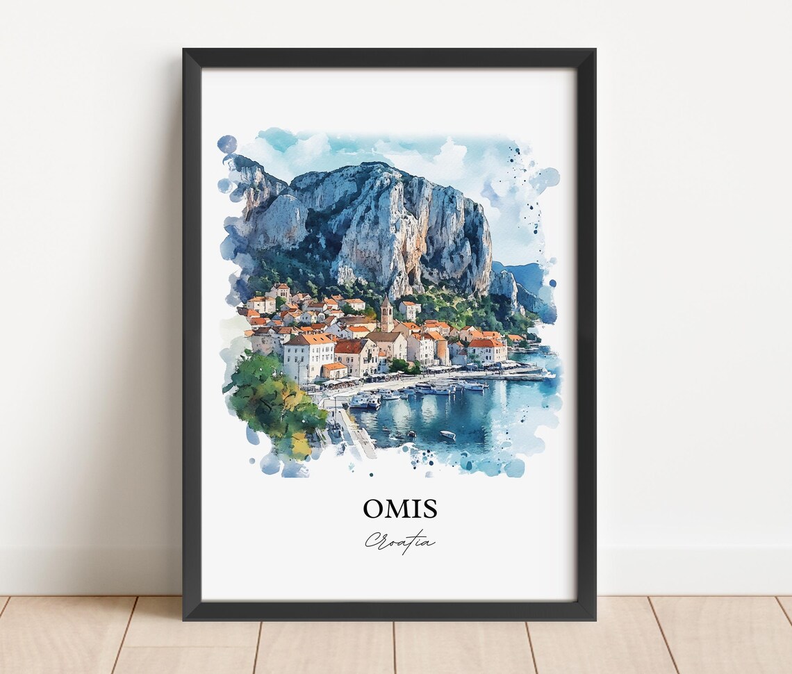 Omis Croatia Mountain Backed Coastal Harbor Watercolor Poster - Image 2