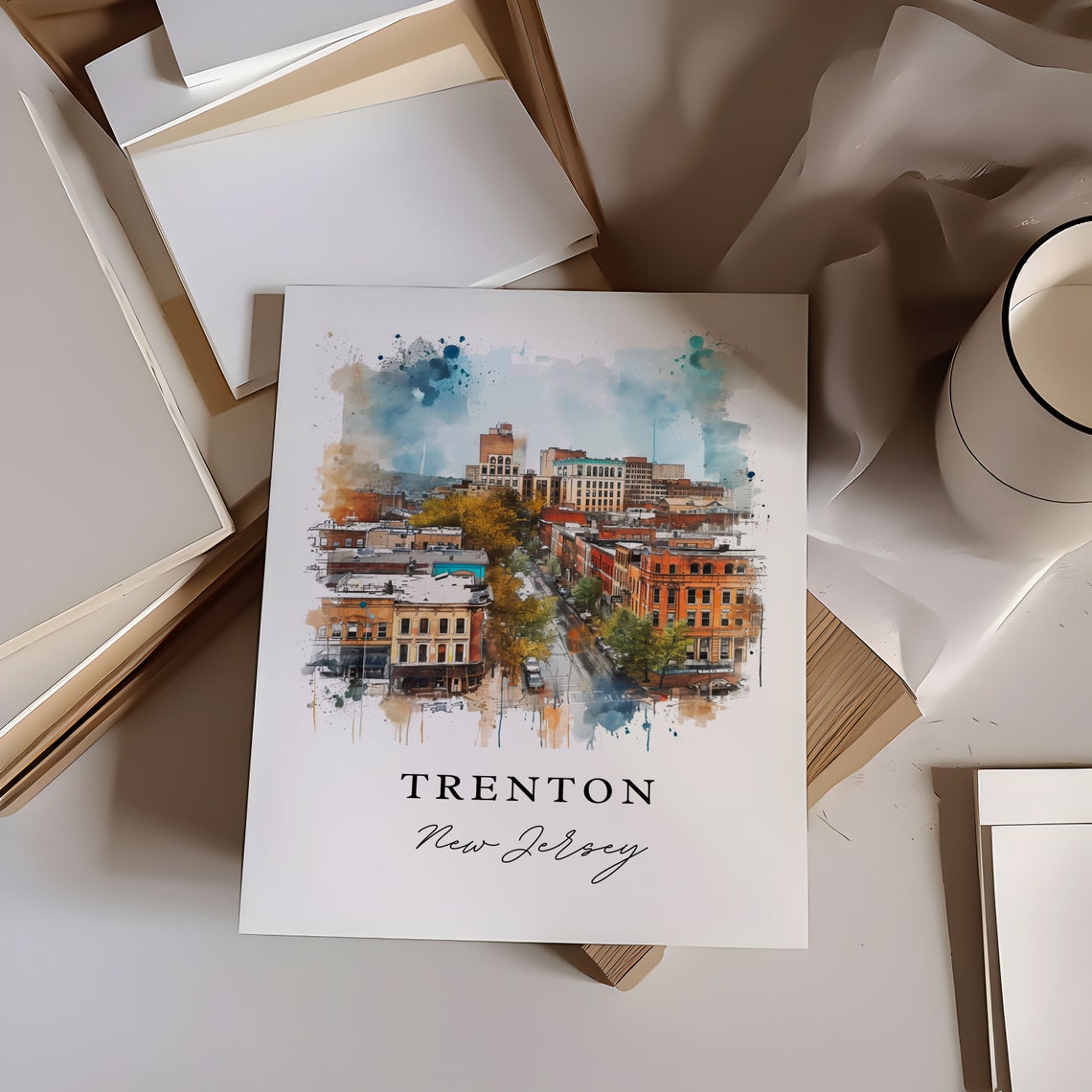 Trenton New Jersey Watercolor Downtown Rooftops Skyline Poster - Image 6