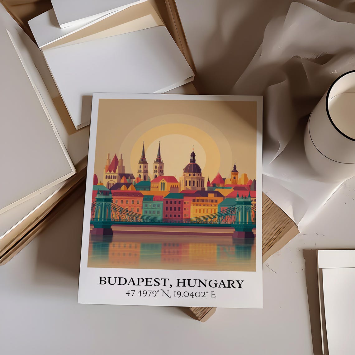 Budapest Hungary Warm Sunset Skyline Flat Illustration Poster - Image 2