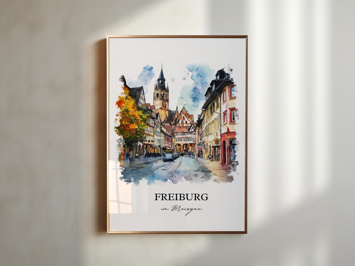 Freiburg im Breisgau Old Town Street Watercolor Travel Poster - Image 4
