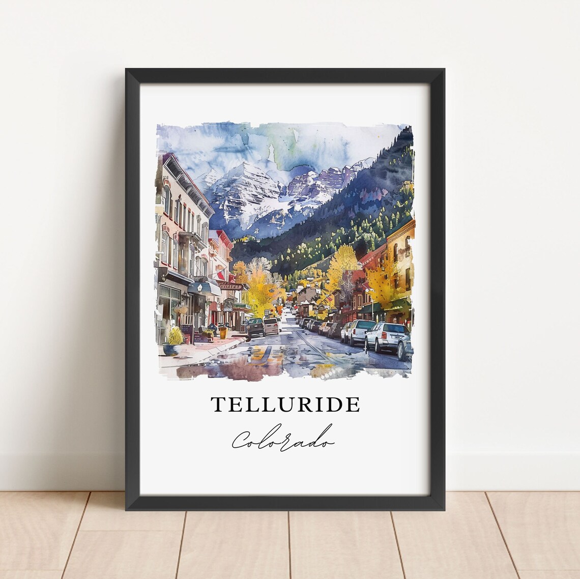 Telluride Colorado Watercolor Main Street Snowcapped Peaks Print