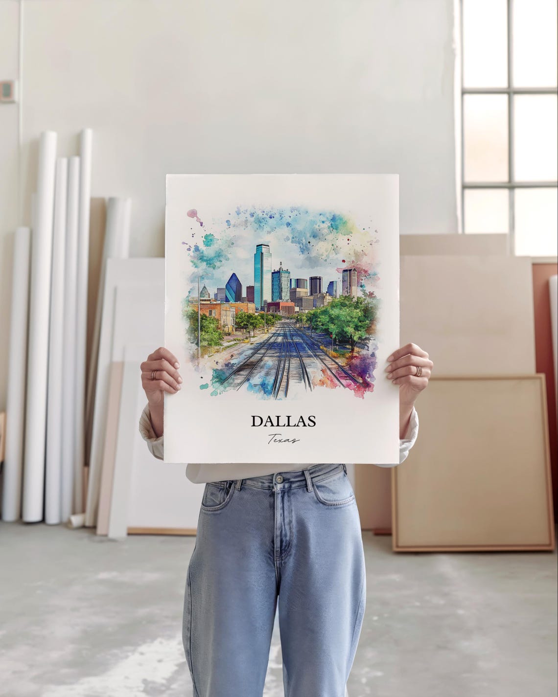 Dallas Texas Skyline Railroad Tracks Watercolor City Art Poster - Image 3