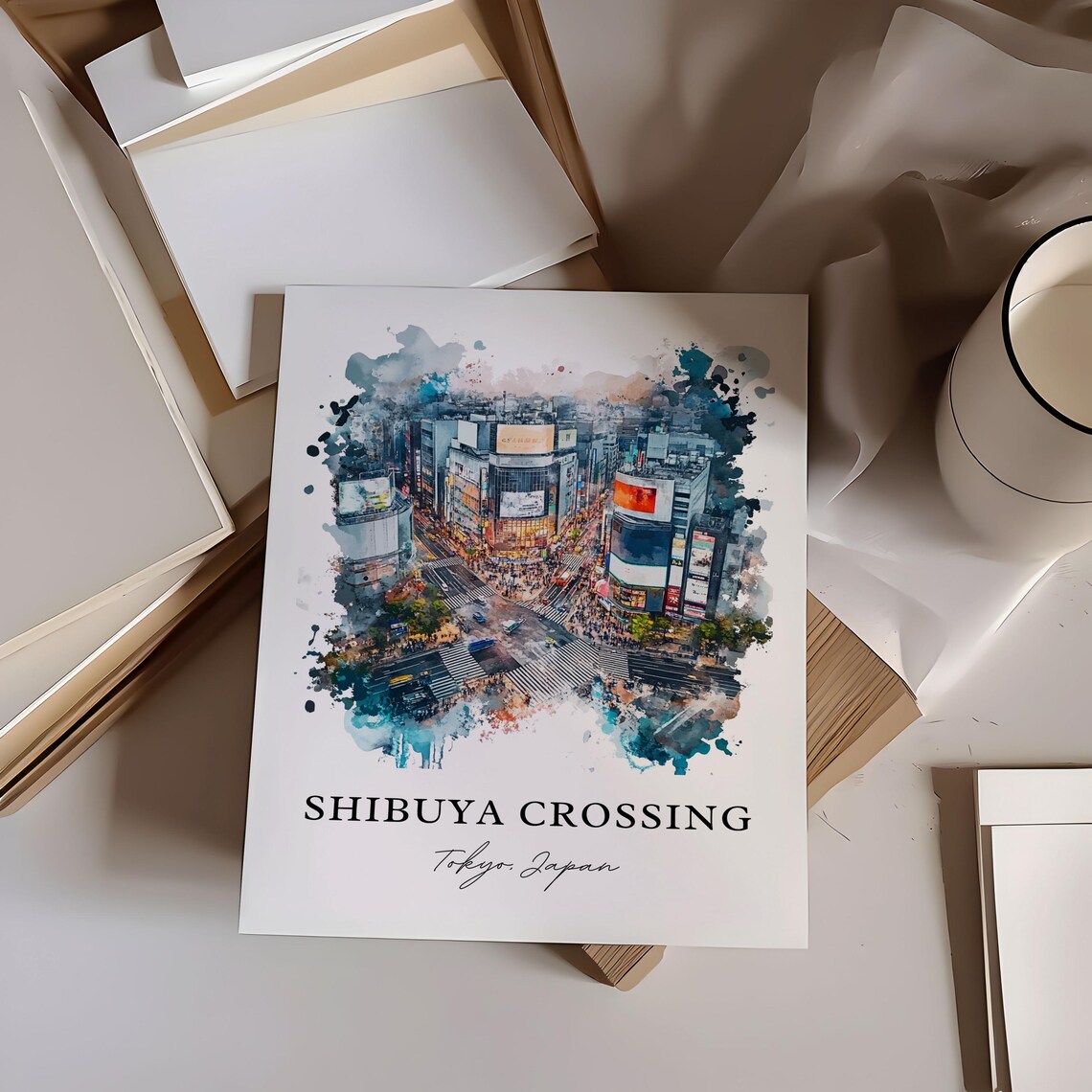 Shibuya Crossing Tokyo Japan Watercolor Cityscape Travel Poster - Image 4