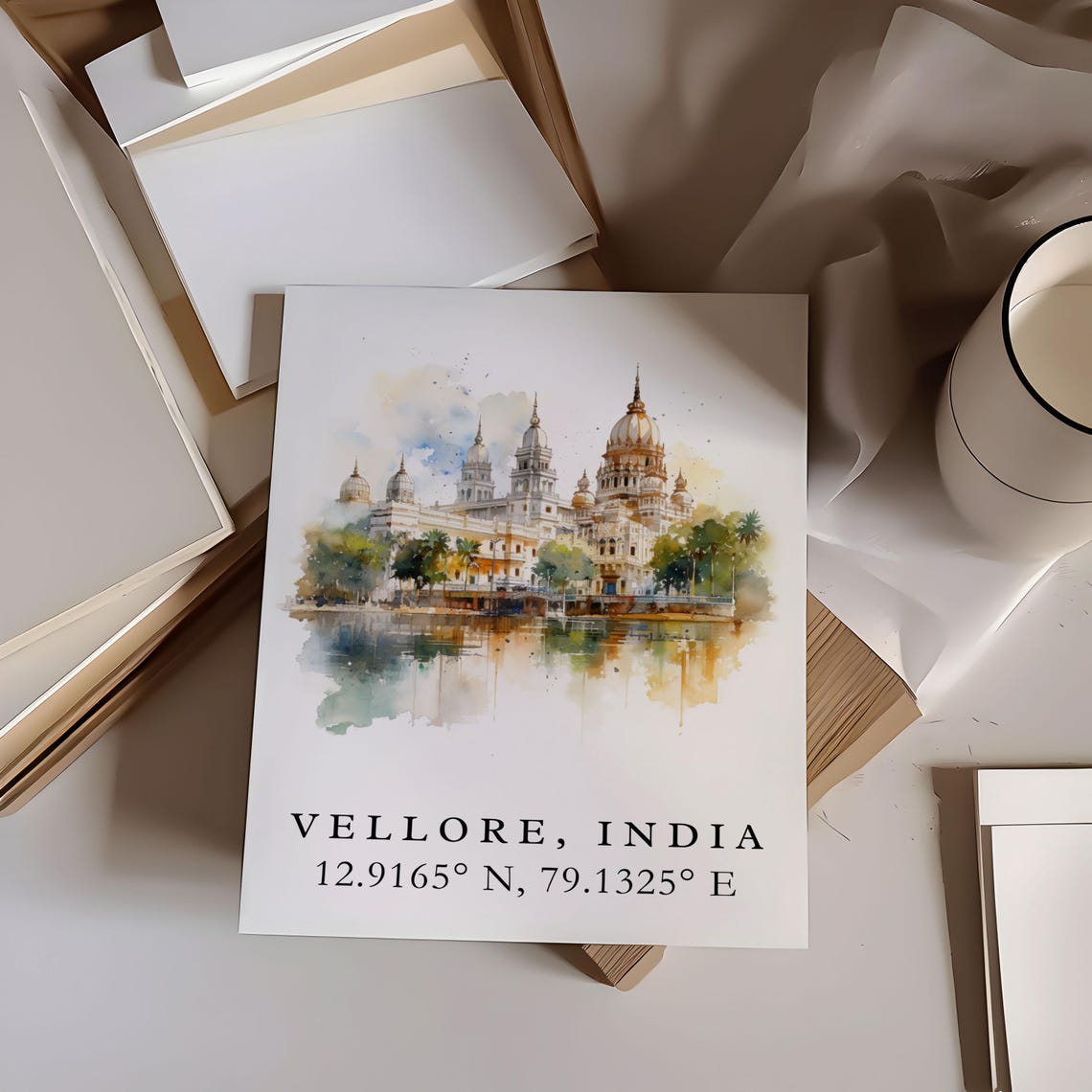 Vellore India Coordinates Golden Temple Reflection Watercolor Poster - Image 6