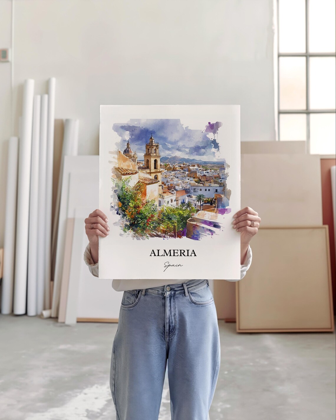 Almeria Spain Cathedral Whitewashed Town Watercolor Travel Poster - Image 5