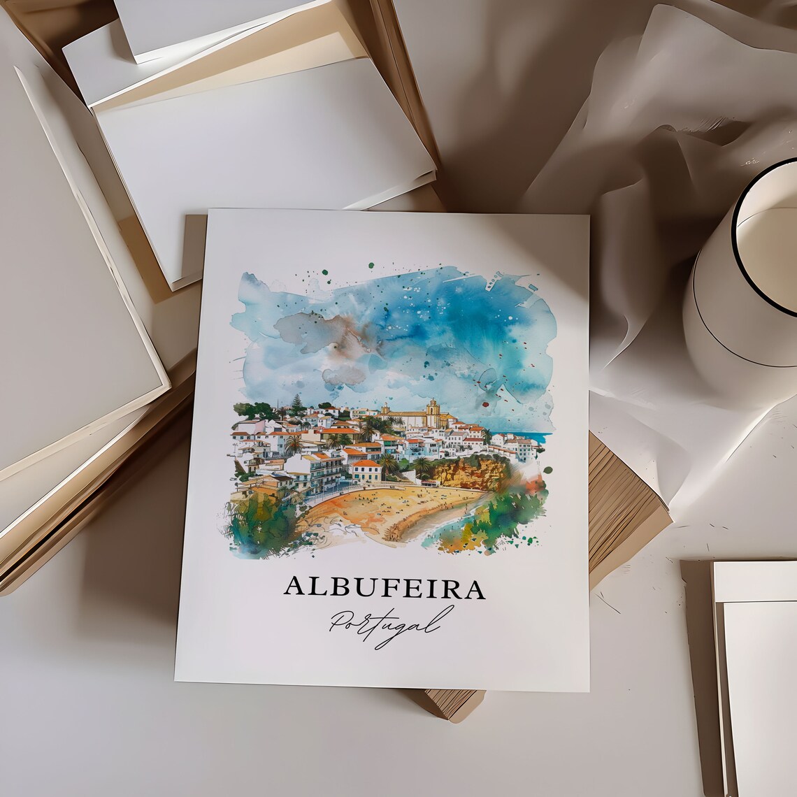 Albufeira Portugal Algarve Beach Town Watercolor Travel Poster - Image 6
