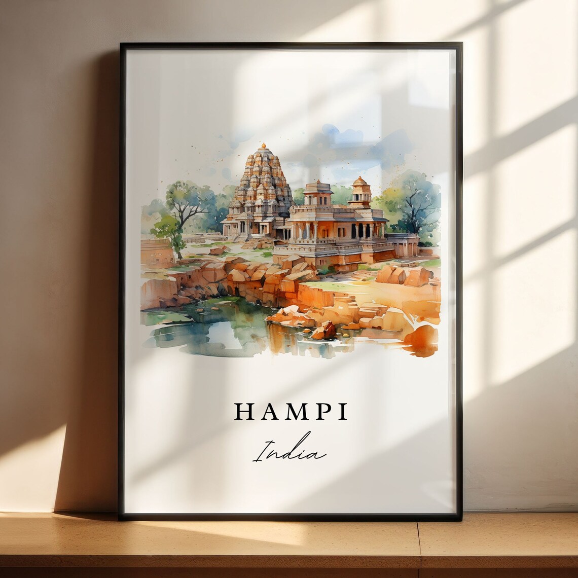 Hampi India Watercolor Ancient Stone Temple River Travel Poster - Image 5