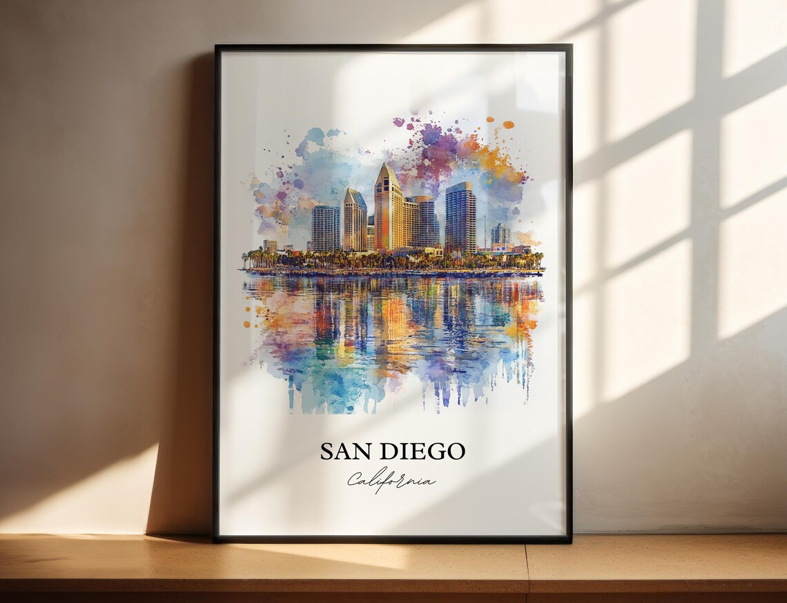 San Diego California Skyline Palm Trees Watercolor Travel Poster