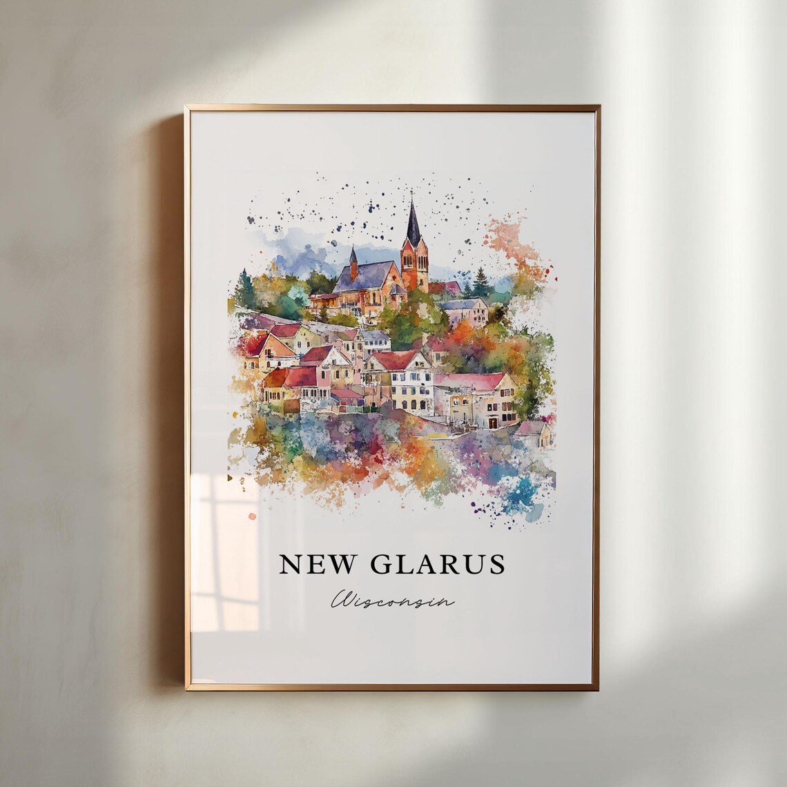 New Glarus Wisconsin Watercolor Hill Town Church Steeple Art Print
