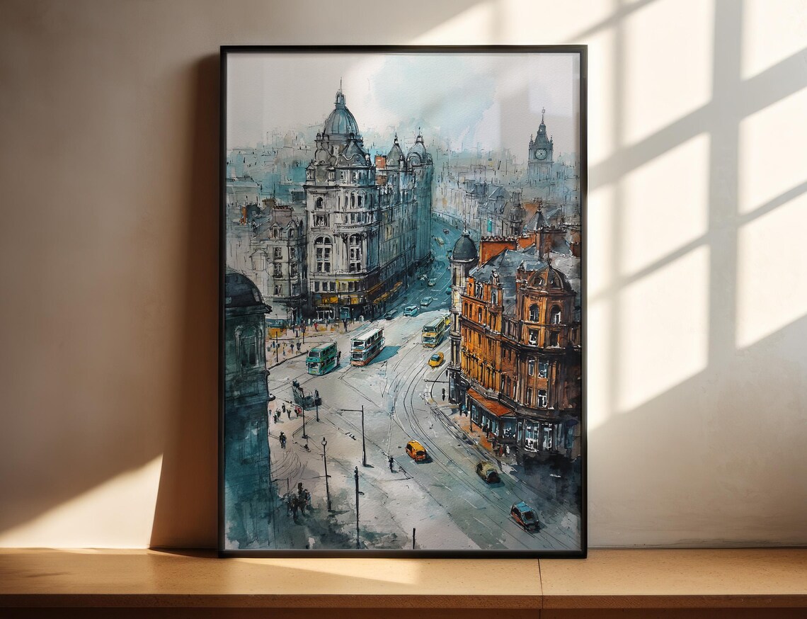 Glasgow Scotland Watercolor Travel Poster, Skyline Decor