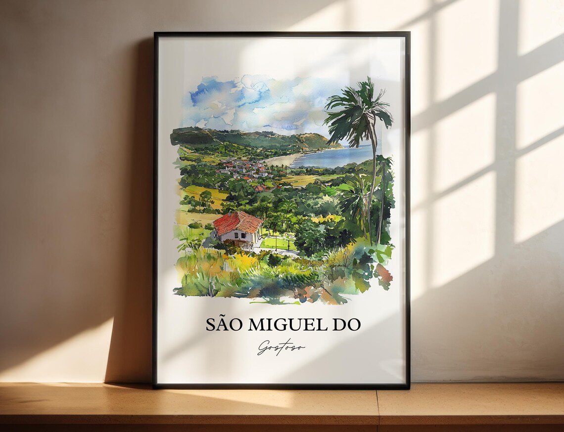 Sao Miguel do Gostoso Brazil Watercolor Coastal Town Travel Poster