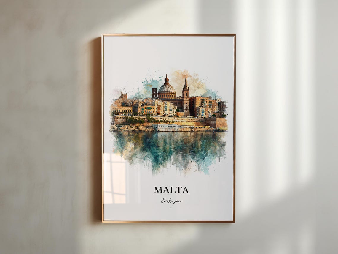 Malta Historic Harbor Skyline Watercolor Europe Travel Poster - Image 6