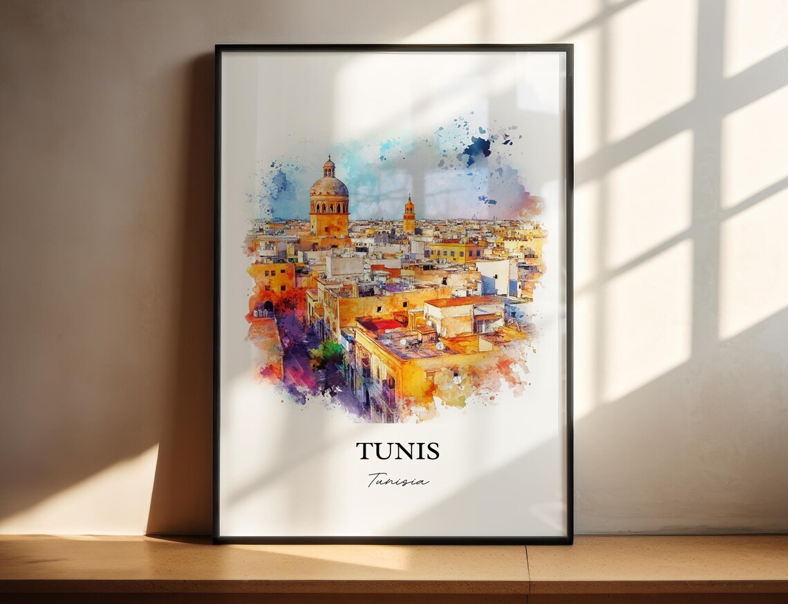 Tunis Tunisia Old Medina Dome Minaret Watercolor Travel Poster