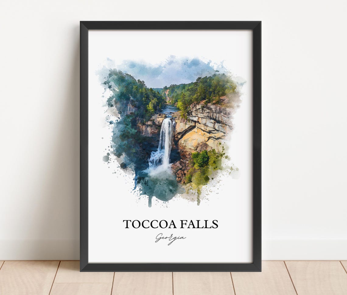 Toccoa Falls Georgia Tall Forest Gorge Waterfall Watercolor Poster - Image 2