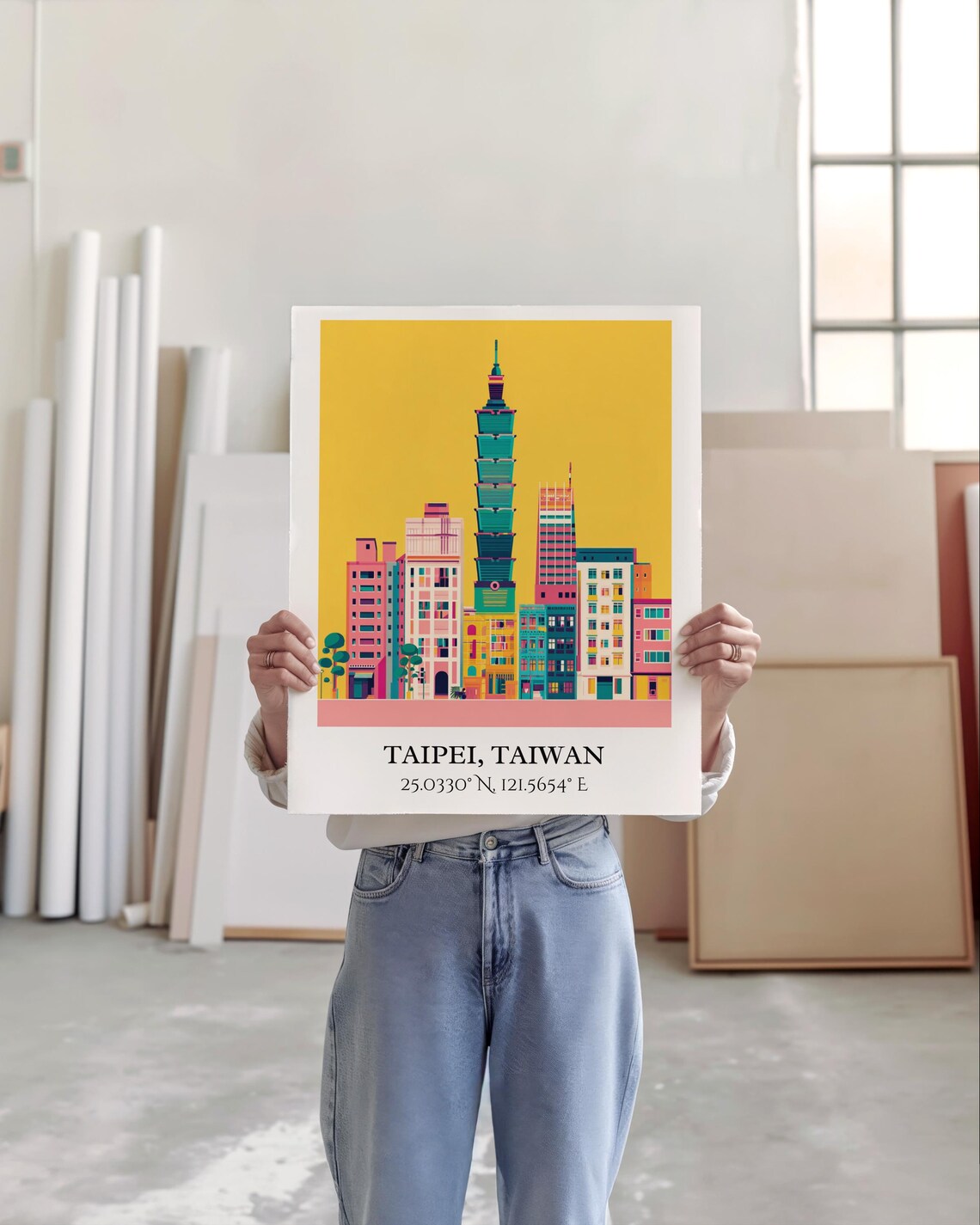 Taipei Taiwan Iconic 101 Tower Mustard Sky Retro Travel Art Poster - Image 5