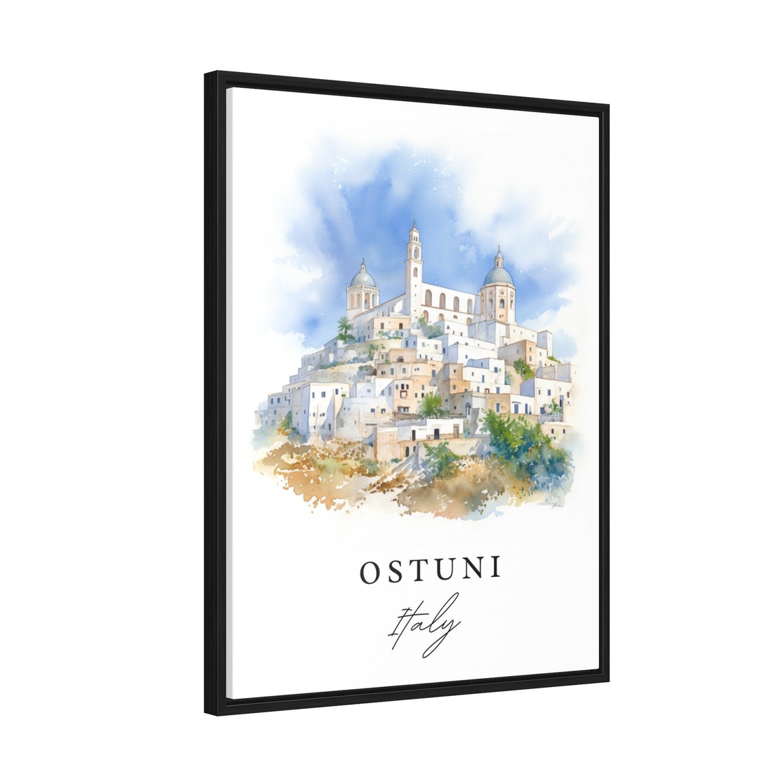 Ostuni Italy Watercolor White Hilltop Town Cathedral Puglia Poster - Image 2