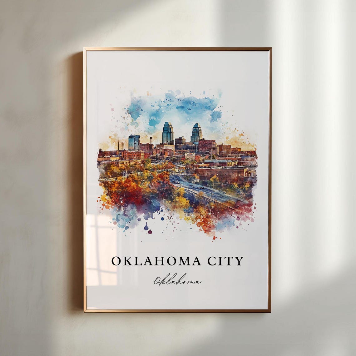 Oklahoma City Oklahoma Downtown Skyline Watercolor Travel Poster