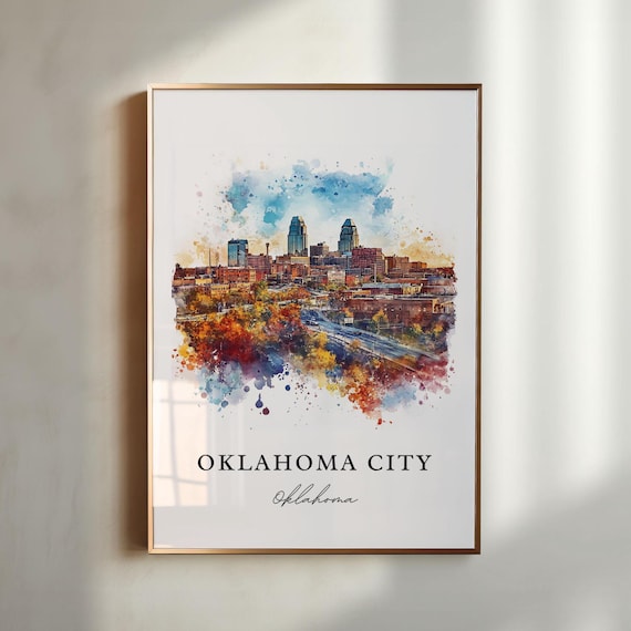 Oklahoma City Oklahoma Downtown Skyline Watercolor Travel Poster