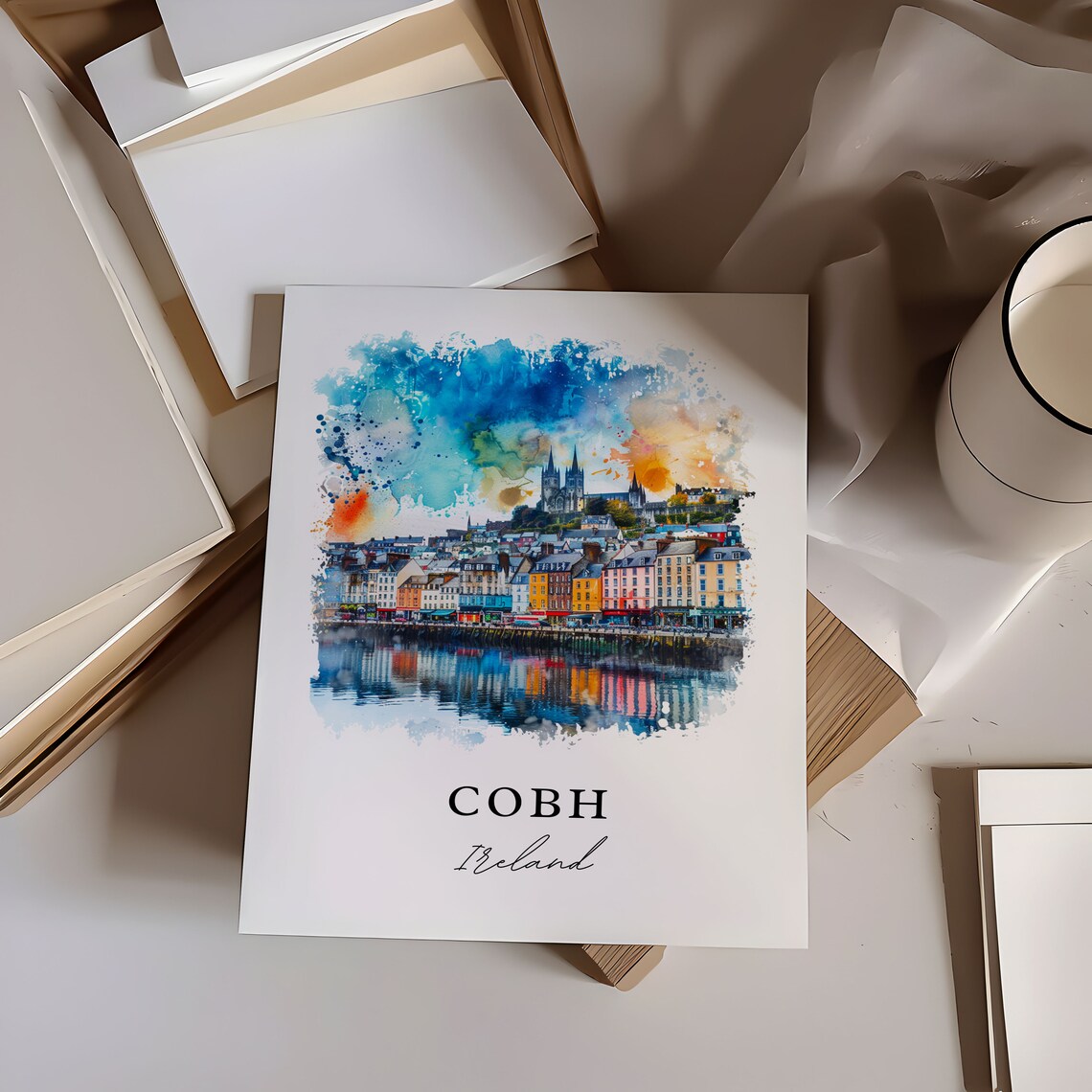 Cobh Ireland Colorful Harbor Town Cathedral Watercolor Poster - Image 6