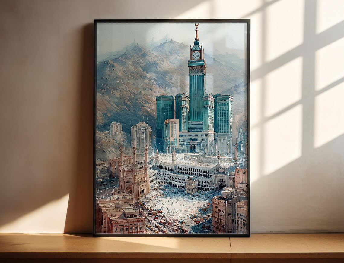 Mecca Saudi Arabia Clock Tower Mosque Watercolor Travel Art Poster