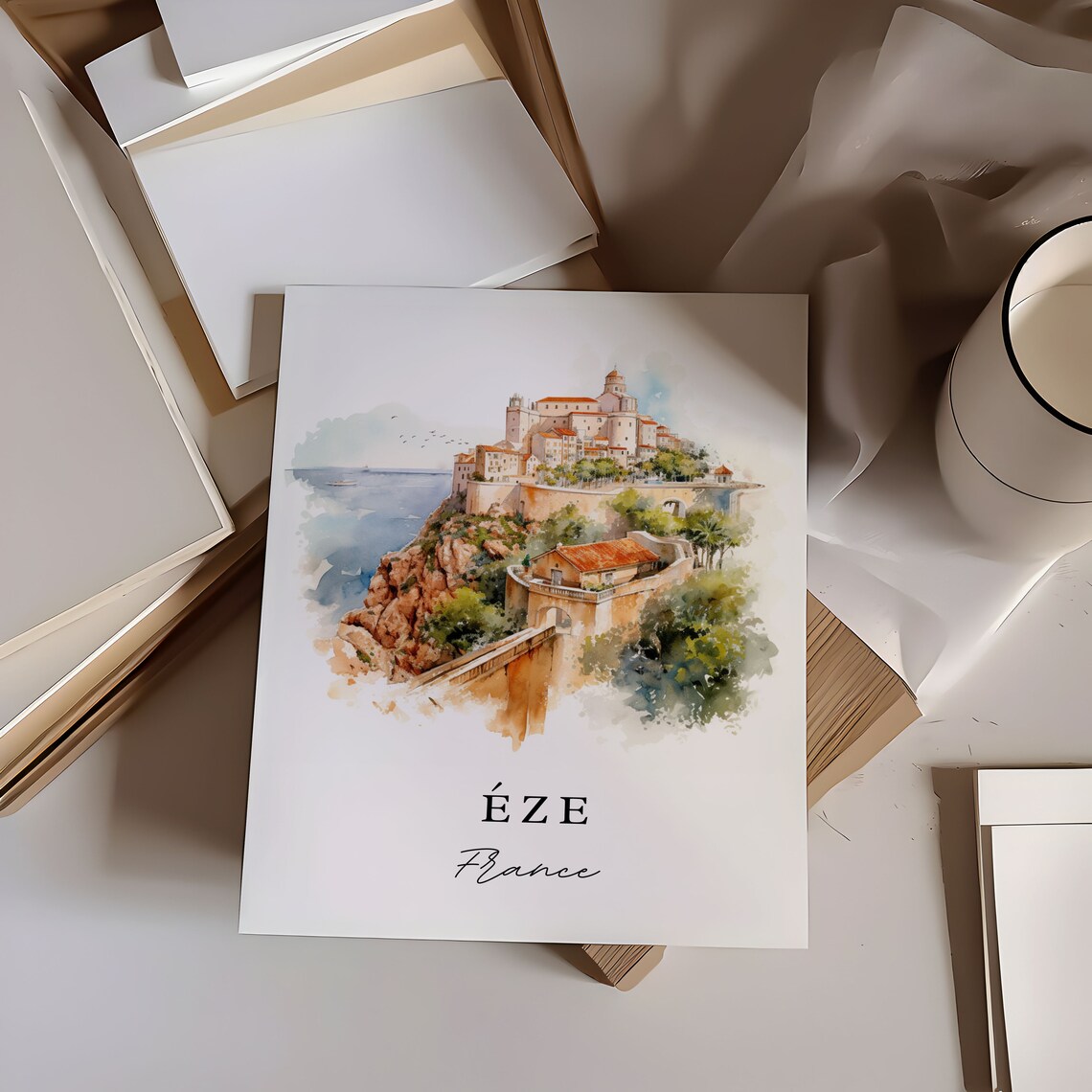 Eze France Cliffside Village Riviera Watercolor Travel Poster - Image 6