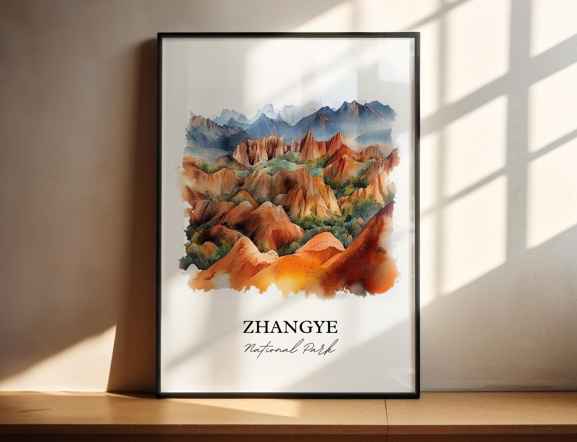 Zhangye National Park Rainbow Mountain Watercolor Travel Poster