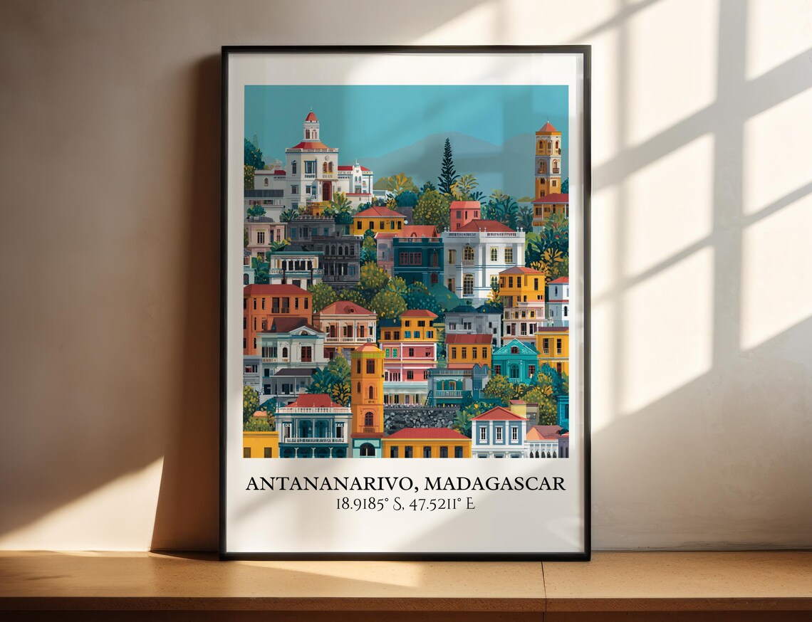 Antananarivo Madagascar Hillside Colonial City Retro Travel Poster
