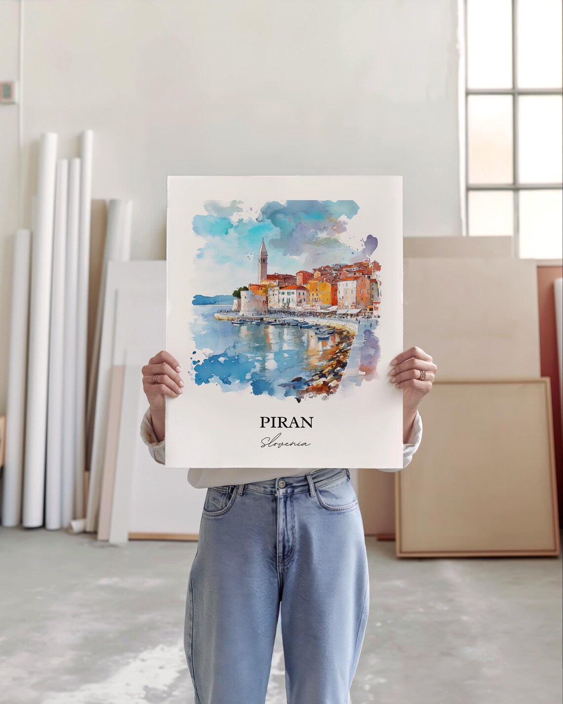 Piran Slovenia Watercolor Coastal Old Town Bell Tower Harbor Poster - Image 4