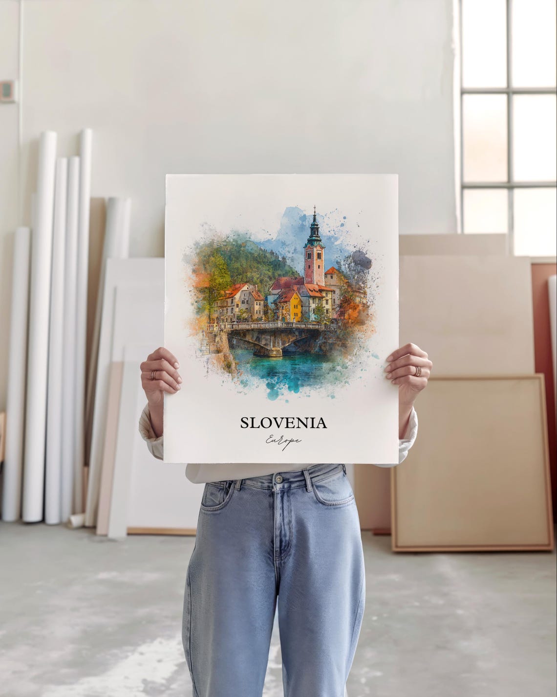 Slovenia Europe Riverside Church Tower Watercolor Travel Poster - Image 3