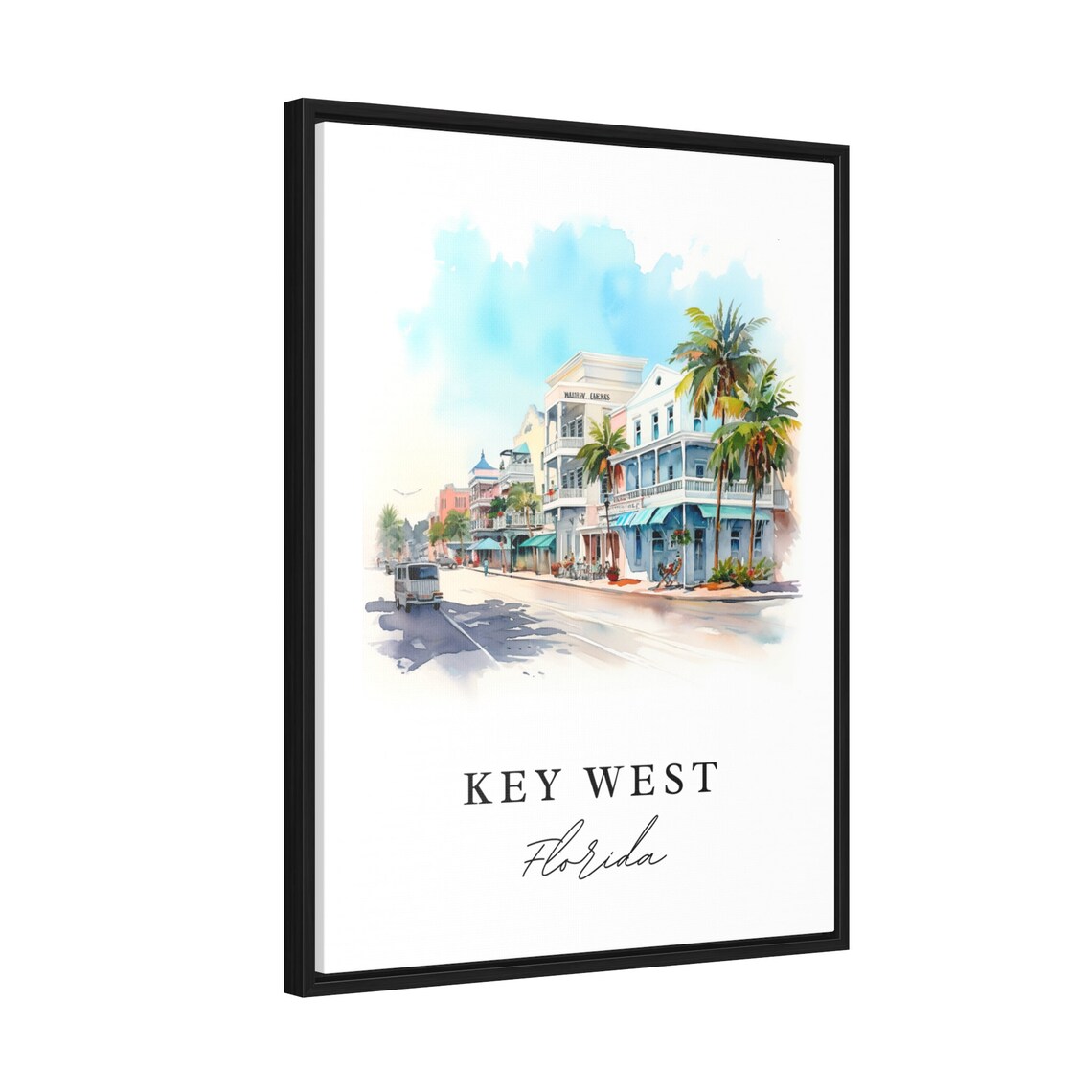 Key West Florida Duval Street Colorful Buildings Watercolor Poster - Image 3