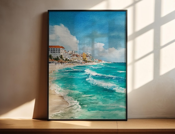 Cancun Mexico Turquoise Beach Waves Watercolor Travel Art Poster