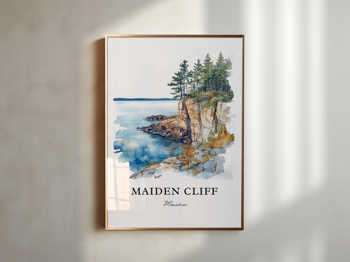 Maiden Cliff Maine Coastal Rock Cliff Shoreline Watercolor Poster - Image 3