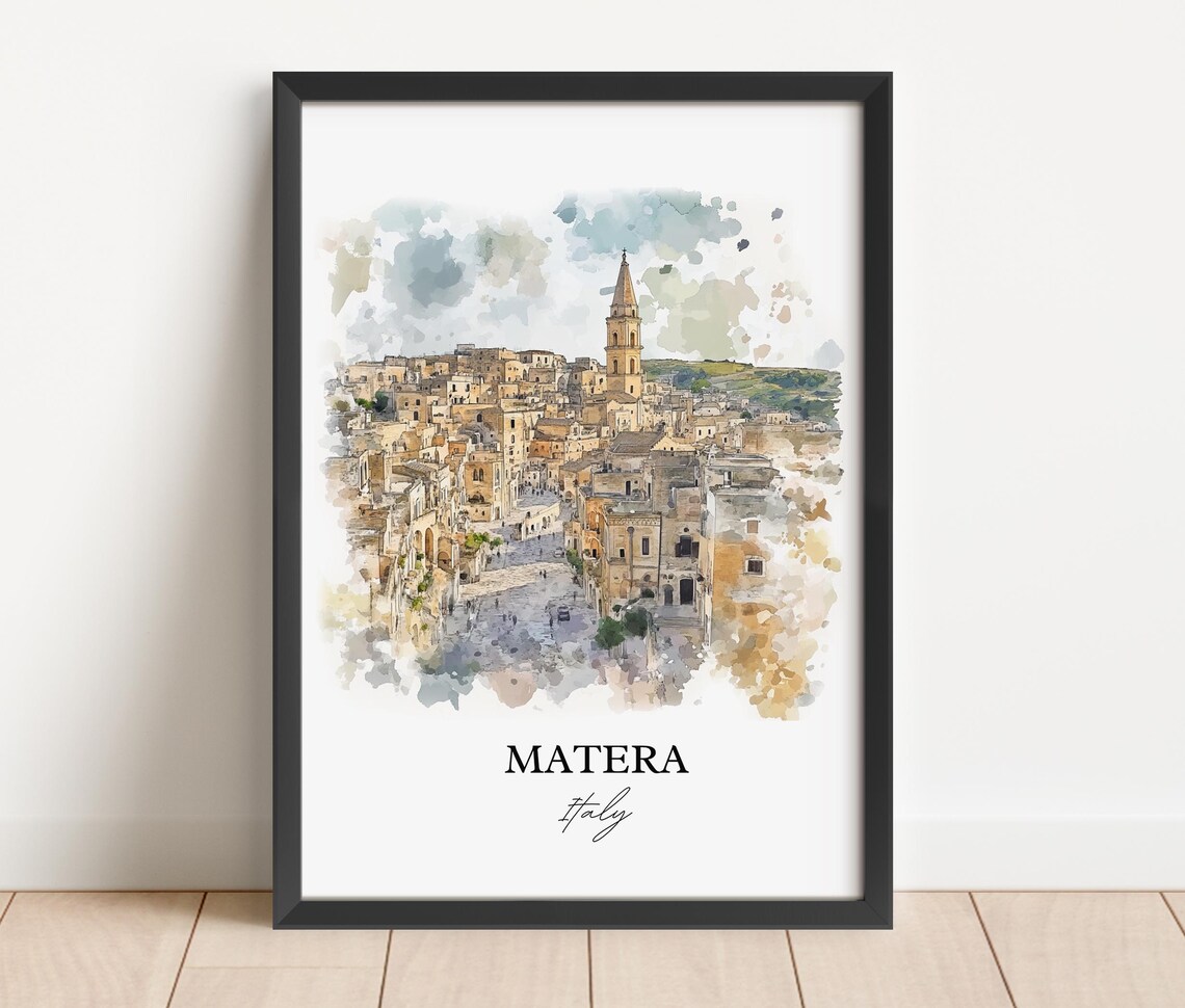 Matera Italy Ancient Stone City Sassi Watercolor Travel Poster - Image 2
