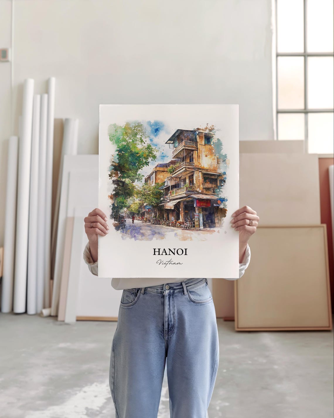 Hanoi Vietnam Old Quarter Street Scene Watercolor Travel Poster - Image 2