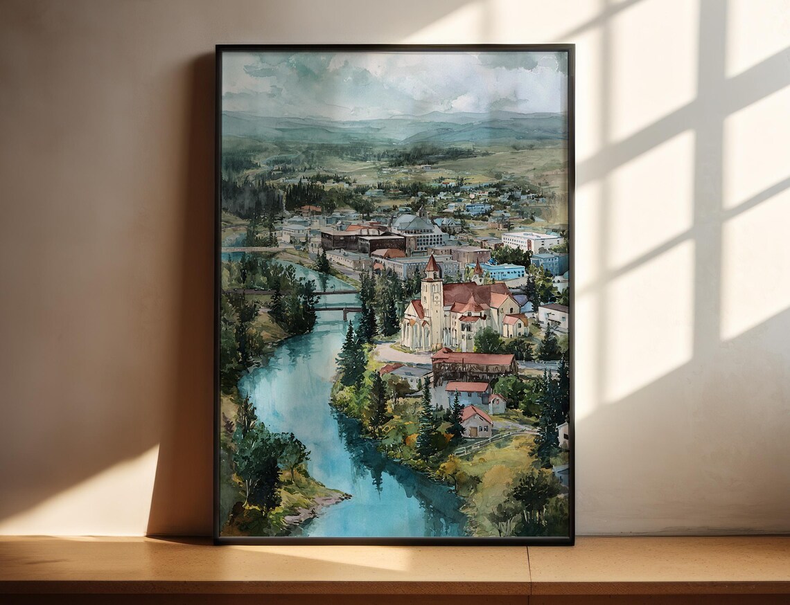 Fairbanks Alaska Watercolor Town River Church Scenic Travel Poster