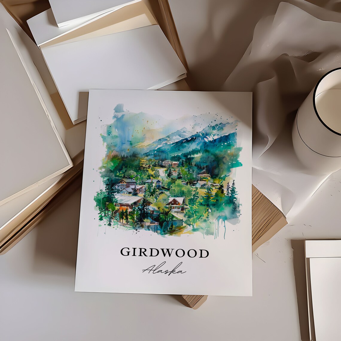 Girdwood Alaska Mountain Village Evergreen Watercolor Poster - Image 6